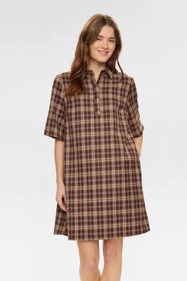 Octavia Boutique Women's Brown Plaid Short Sleeve Mini Shirt Dress with Pockets (1)