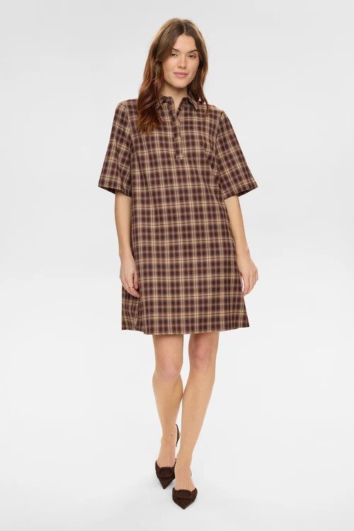 Octavia Boutique Women's Brown Plaid Short Sleeve Mini Shirt Dress with Pockets (5)