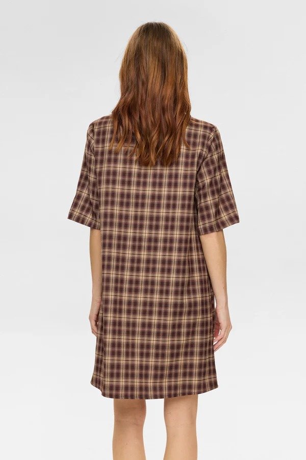 Octavia Boutique Women's Brown Plaid Short Sleeve Mini Shirt Dress with Pockets (6)