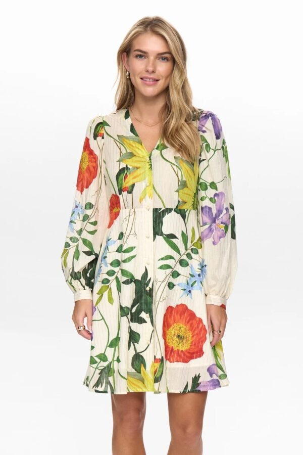 Octavia Boutique Women's Cream Floral Print Long Sleeve V-Neck Mini Shirt Dress